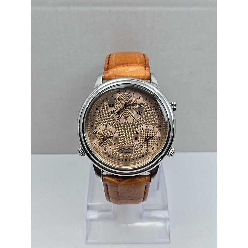 Picard & Cie PC650-1011 Triple Time Day Date Guilloche Mens Watch New Battery